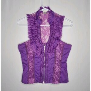 Oh Yes USA Y2K Party Vest Women M Purple Ruffle Lace Smock Zip Going-Out Whimsy